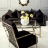 Sofa tapicerowna Delladu black velvet Fotel czarny tapicerowany Florene Lustro złote aranżacja salonu