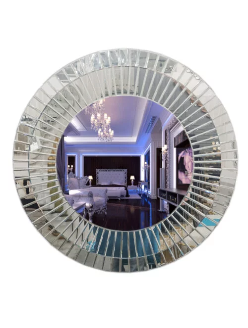Okrągłe lustro wiszące dekoracyjne z szeroką lustrzaną ramą