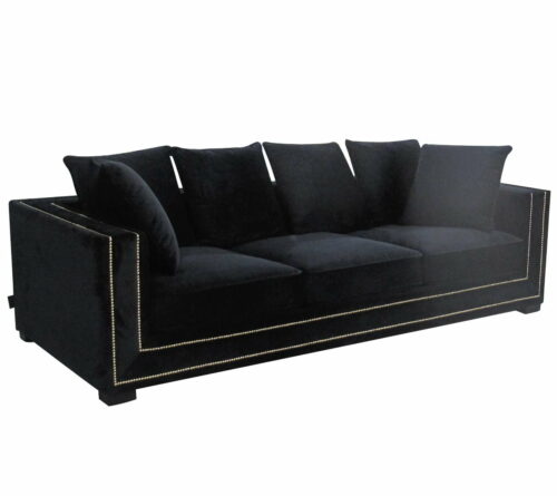 Sofa nowoczesna tapicerowana czarny welur złote pineski Delladue 85/106/250 cm