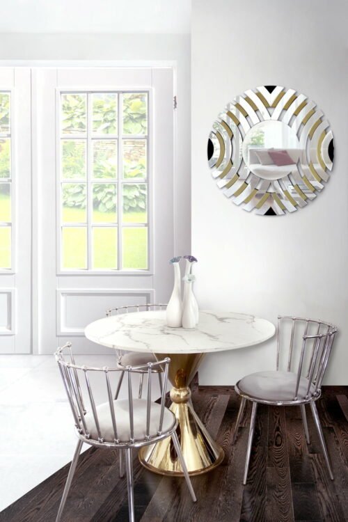 Stół do jadalni z białym marmurowym blatem i złotą nogą Krzesło srebrne Celano Lustro nowoczesne Elisa