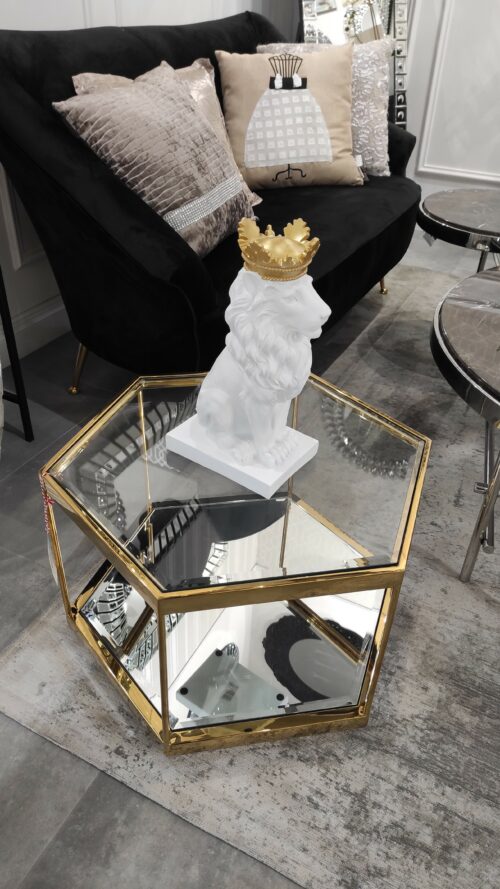 Stolik kawowy nowoczesny do salonu w kształcie hexagonu w metalowej złotej ramie z dwoma blatami