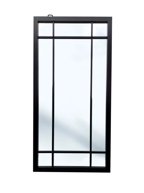 Prostokątne lustro w czarnej metalowej ramie ze szprosami - na białym tle
