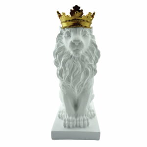 Figurka dekoracyjna dostojny biały lew w złotej koronie